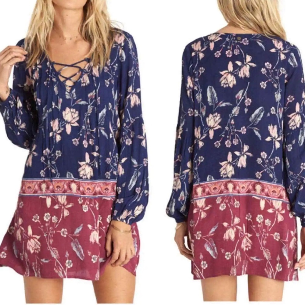 Billabong Navy Blue and Burgundy Floral Long Sleeve Dress